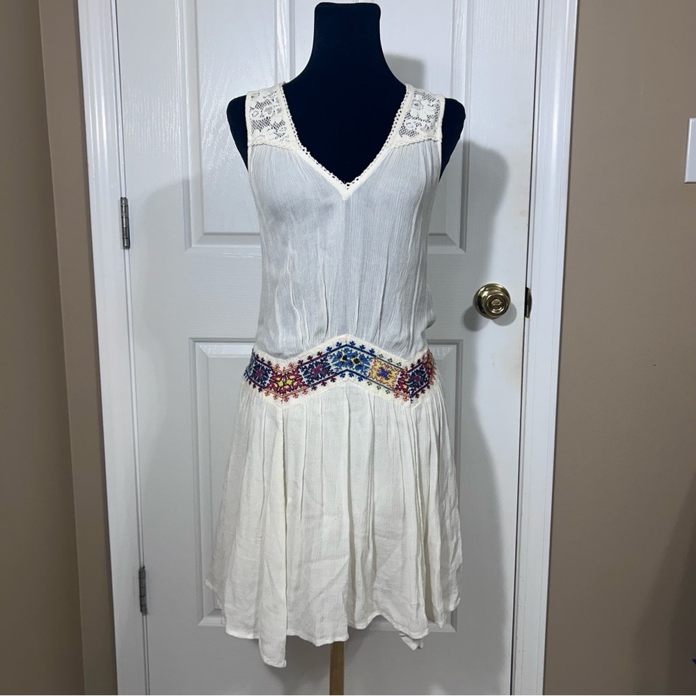 Free People White Gauze Lace Boho Mini Dress Embroidered V-Neck Sleeveless S
